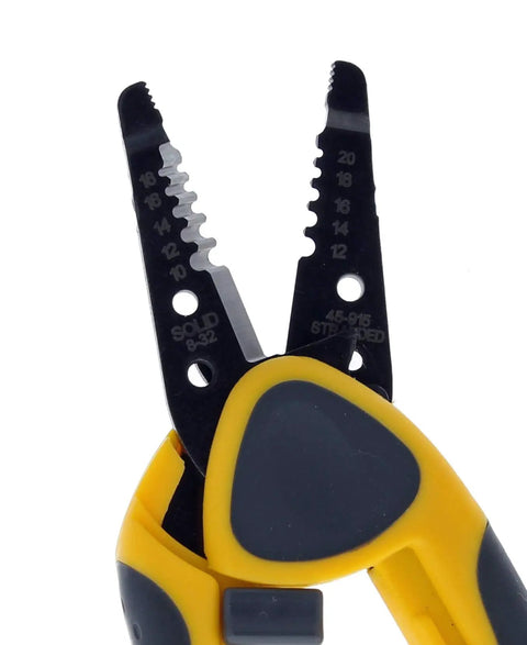 Close-up of Kinetic Reflex T-Stripper 45-915 Wire Stripper for 10-20 AWG, showing plier nose and size markings.