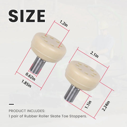 Rubber Roller Skate Toe Stops 2 Pack for Easy Front Mount Brakes with size dimensions shown