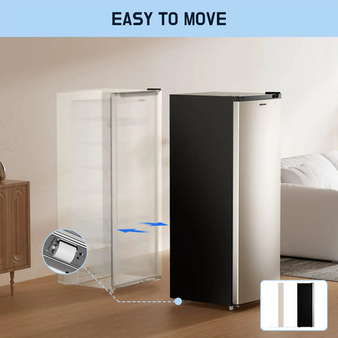 Massive Seven Point Zero Cubic Foot Upright Deep Freezer Heavy Duty Stand Up Cold Storage Workhorse shown in room for easy movement.