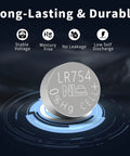 20 Pack Lr754 Ag5 Button Cell Batteries 1.5v Alkaline Power For Watches And Calculators Straight Up Reliable Clean Operation Heavy Duty And Ready To Run, showing LR754 alkaline battery with stable voltage.
