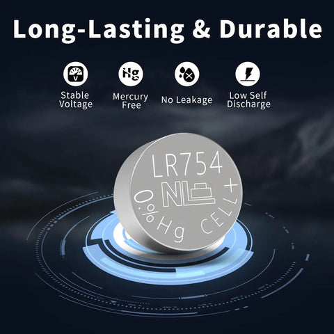 20 Pack Lr754 Ag5 Button Cell Batteries 1.5v Alkaline Power For Watches And Calculators Straight Up Reliable Clean Operation Heavy Duty And Ready To Run, showing LR754 alkaline battery with stable voltage.