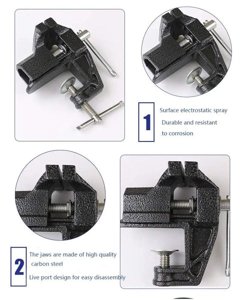 Handy Little 2.4 Inch Mini Table Clamp Bench Vise Made From Durable Cast Iron, black vise with 60mm jaw width and screw mechanism.