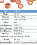 Red silicone O-ring set, 5/32 in ID x 9/32 in OD, 1/16 in cross-section, 70A, pack of 20