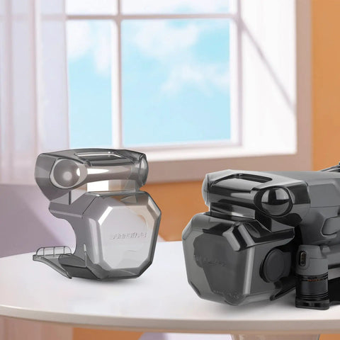 Gimbal Guard And Vision System Protector For Mavic 3 Pro Drone By DJI on table, transparent plastic design, showcases scratch proof lens cap.