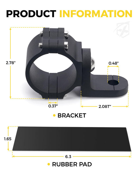 CNC Aluminum Whip Light Mount And Flag Bracket For UTVs with dimensions, including 1.65x6.3 inches rubber pad, 2-inch clamp.