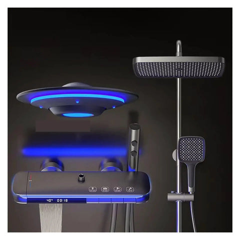 Showers for Bathrooms, Led Digital Bathroom Shower System Faucet with blue lighting and wall-mounted waterfall features.