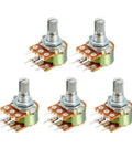 Five 20K Ohm Dual Turn Rotary Potentiometers with Carbon Film Taper, shown in a front view, featuring dual track variable resistors.