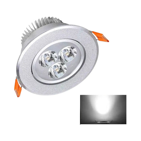 3W Recessed LED Downlight, Aluminum, 8.5cm, White Light, Frosted Silver with three LED bulbs and heat sink.