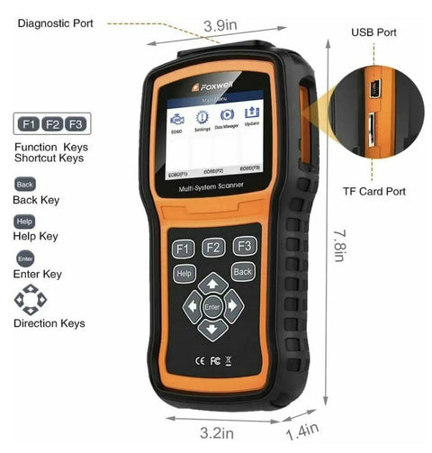 Image of All Systems Diagnostic Tool For Kia And Hyundai With Bidirectional Scan OBD2 Reader showing dimensions and port locations.