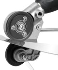Close-up of upgraded electric drill plate cutter metal shear attachment for iron steel copper aluminum sheet metal.