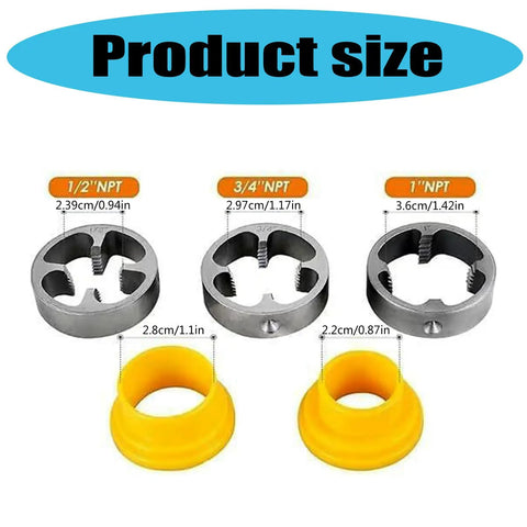 PVC Pipe Threader Kit With Three Die Sizes For Flexible Plumbing Projects, Electric Drill Compatible Threading Tool Set For Quick Install, Stable, Efficient, And Pro Grade For Pros And DIY. product size chart showing 1/2, 3/4, 1 NPT dies and yellow adapters