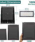 Dimensions of Mega Bright 100W LED Wall Pack Light With Dusk To Dawn Photocell, showing size comparison and slim design.