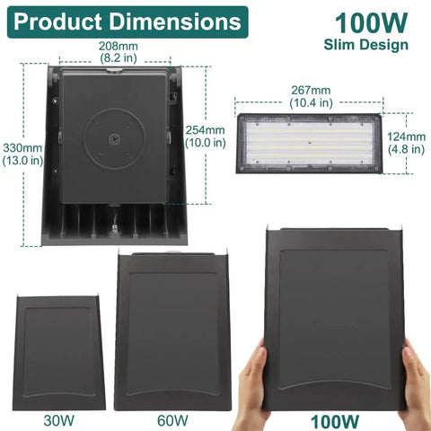 Dimensions of Mega Bright 100W LED Wall Pack Light With Dusk To Dawn Photocell, showing size comparison and slim design.