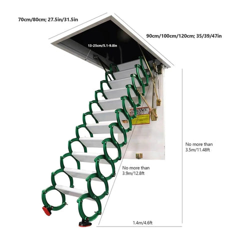 Electric Attic Ladder With Remote Control Alloy Folding Ceiling Mounted Pull Down Loft Staircase showcasing measurements and design features.