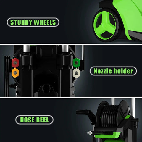 Electric Power Washer 2200 PSI 2.0 GPM features sturdy wheels, nozzle holder, and hose reel for convenient use.