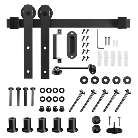 Heavy Duty 5Ft Sliding Barn Door Hardware Kit With Door Hook And Two Handles Easy To Install Smooth Quiet Rolling Supports Up To 260 lb Fits 1 3 8 Inch To 1 3 4 Inch Door Thickness Black I Shape Hanger components
