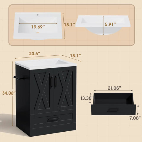 Upgrade Your Setup With This Slick 24 Inch Farmhouse Bathroom Vanity Featuring An Integrated Sink And Plenty Of Storage Cabinet Space In Sleek Matte Black For Clean Rustic Style That Hits Different