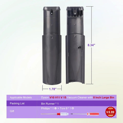 Cyclone Baffle Bin Runner Replacement For 8 Inch Dust Bin Vacuum Cleaners Fits V10 V11 V15 SV12 SV14 SV15 SV22 shown with dimensions