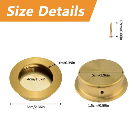 Slick Round Finger Pull Set 2 Pack Brushed Gold Flush Recessed Door Handles size details with measurements