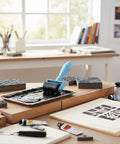 Straight Fire Blue Diamond Painting Roller Tool For Crystal Art Pressing Plastic Canvas Drill Applicator That Eliminates Air Bubbles Quick For Your Coolest Craft Corner Setup Right Now, rolling paint on a palette with tools nearby.