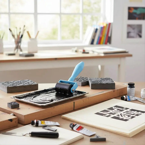 Straight Fire Blue Diamond Painting Roller Tool For Crystal Art Pressing Plastic Canvas Drill Applicator That Eliminates Air Bubbles Quick For Your Coolest Craft Corner Setup Right Now, rolling paint on a palette with tools nearby.