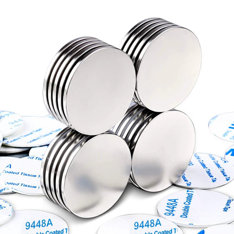 Front view of twenty-pack neodymium disc magnets with adhesive, 1.26 inch diameter, 0.08 inch thick