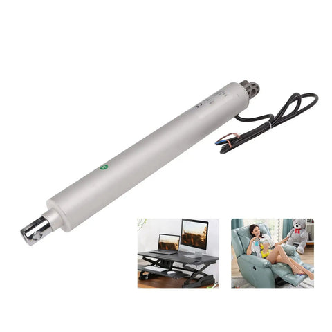 Beefed Up 24V Electric Linear Actuator With Rock Hard Aluminum Body And IP65 Rated Build With Sturdy Mounts For RV Camper Lift Beds Recliners 3000N Smooth Push, shown from the side with wiring.