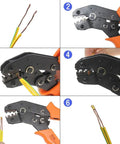 Step-by-step use of crimping tool with 500 Pcs U Shape Copper Ring Terminals Crimp Kit Non Insulated for quick hookups.