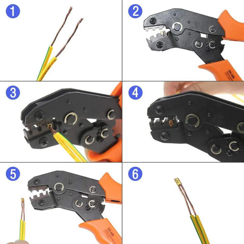 Step-by-step use of crimping tool with 500 Pcs U Shape Copper Ring Terminals Crimp Kit Non Insulated for quick hookups.