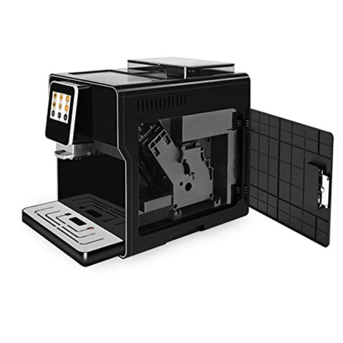 Kickstart Your Daily Java With This Slick Super Automatic Espresso Machine Featuring A Bpa Free Design Built In Grinder Responsive Touch Screen And Breeze To Clean Operation For Flawless Barista Level Shots In Matte Black, side view showing open access.