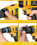 20V Cordless Drill And Screwdriver Combo Kit With Battery Charger showing step-by-step setup instructions and gear adjustments.