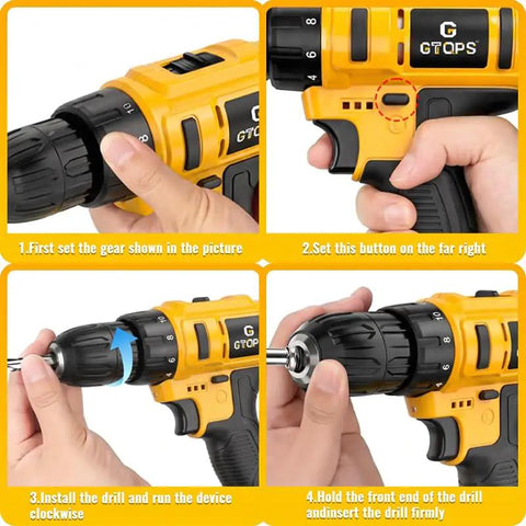 20V Cordless Drill And Screwdriver Combo Kit With Battery Charger showing step-by-step setup instructions and gear adjustments.
