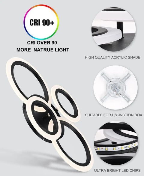Modern LED Flush Mount Ceiling Light With Four Black Rings Sleek Close To Ceiling Fixture For Kitchen Bedroom Living Room Or Laundry Room 4000K Neutral White Non Dimmable