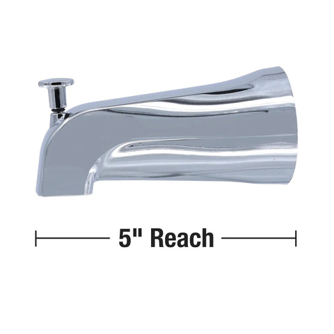Side view of Tub Spout With Front Pull Up Diverter In Chrome Finish For Replacement Fits Half Inch Threaded Pipe Connections