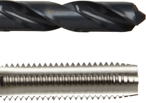 Close-up of black oxide drill bit and uncoated tap from Go-To Pro Grade High Speed Steel Drill Bit And Tap Set With Metal Case, Metric M2.5 To M12, 18 Piece, Jobber Length For Precise Drilling And Threading In Metalworking, Woodworking And DIY Projects.