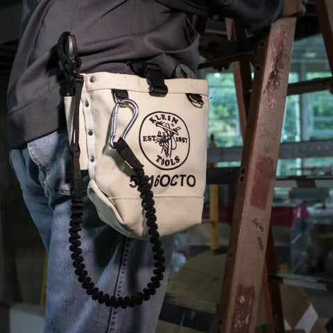 Bull-Pin And Bolt Bag Tool Pouch No 4 Canvas with Tunnel Connection in use, tethered to worker on ladder, Klein Tools 5416OCTO