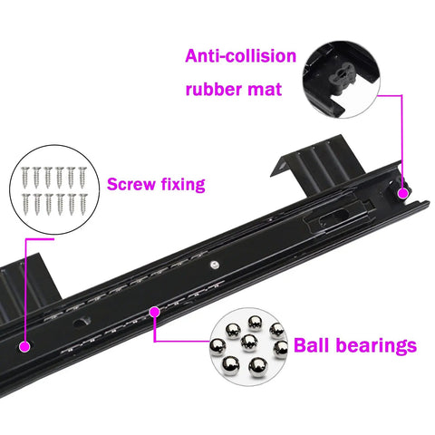 Heavy Duty Ball Bearing Drawer Slides For Cabinets And Keyboard Trays In 240mm Or 290mm Closed Length That Extend To 480mm Or 578mm, Supports Up To 40kg, thickened steel slide with ball bearings and screw fixing