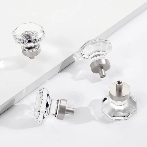 Crystal Glass Dresser Cabinet Knobs 8 Pack Brushed Nickel Octagon Pulls for Dresser Drawers Bathroom Kitchen Cabinets