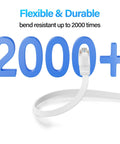 Flat Cat 6 Ethernet Cable 100 Ft UTP 10Gbps High Speed Pure Copper For Reliable Home And Office Network Wiring White Ideal For Smooth Streaming Killer Gaming Video Conferencing And Big File Transfers shown as flexible and durable bend resistant up to 2000 times