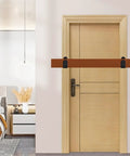 Heavy Duty 2x4 Door Barricade Brackets U Shaped Security Braces installed on wooden door for extra home security, black finish.
