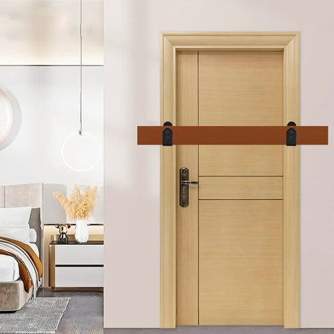 Heavy Duty 2x4 Door Barricade Brackets U Shaped Security Braces installed on wooden door for extra home security, black finish.