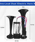 Badass 12V Dual Trumpet Air Horn Kit With Heavy Duty Compressor, close up of dual horns and compressor with dimensions.