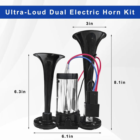 Badass 12V Dual Trumpet Air Horn Kit With Heavy Duty Compressor, close up of dual horns and compressor with dimensions.