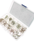78 Piece Spring Hose Clamp Set with ten diameter sizes 5mm to 14mm for fuel lines and hoses in a transparent storage box.