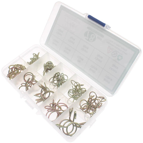 78 Piece Spring Hose Clamp Set with ten diameter sizes 5mm to 14mm for fuel lines and hoses in a transparent storage box.