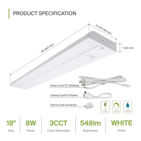 Under Cabinet Lighting 18 Inch Plug In Or Hardwired, Dimmable With High Low Off Switch, 3CCT dimensions and components