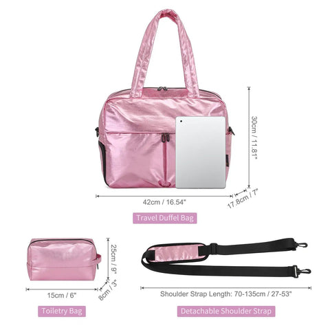45L Waterproof Duffle Bag For Women Lightweight Carry On Weekender with Separate Shoe Pocket and Multiple Internal Pockets Pink size details