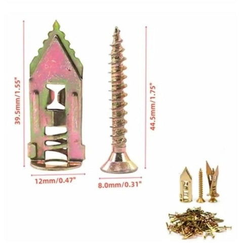 Self Drilling Drywall Anchors 100 Pieces Gold Hollow Wall Screw Kit with measurements for easy tool-free mounting