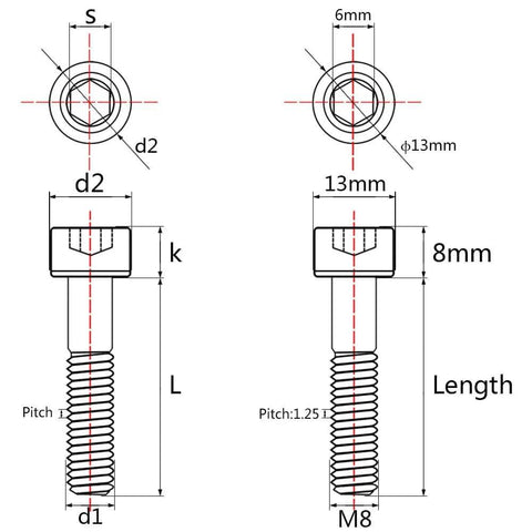 Built To Last Lightweight Titanium DIN 912 Hex Socket Head Bolts M8x45mm 1.25mm Pitch Pack Of 4 Grade 5 6Al4V Ti Alloy diagram