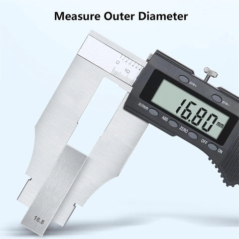 Large Range Long Jaw Digital Caliper 0-800mm/31.5 Inch measuring outer diameter with LCD display showing 16.80 mm.